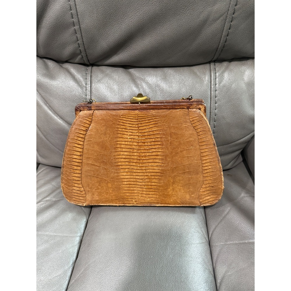 Vintage Deitsch New York Tan Lizard Skin‎ Handbag Gold Chain Kiss Lock Clutch